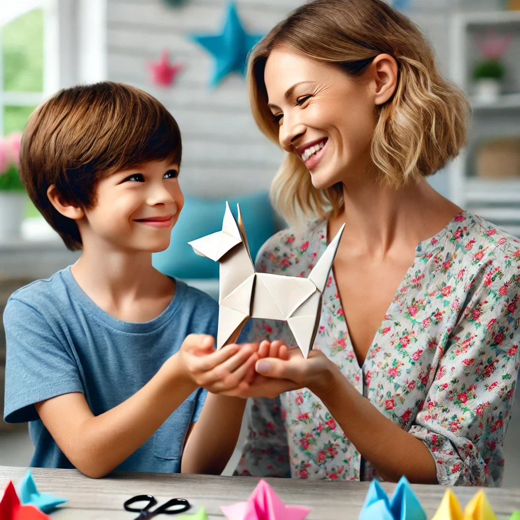 Boy giving mom origami dog